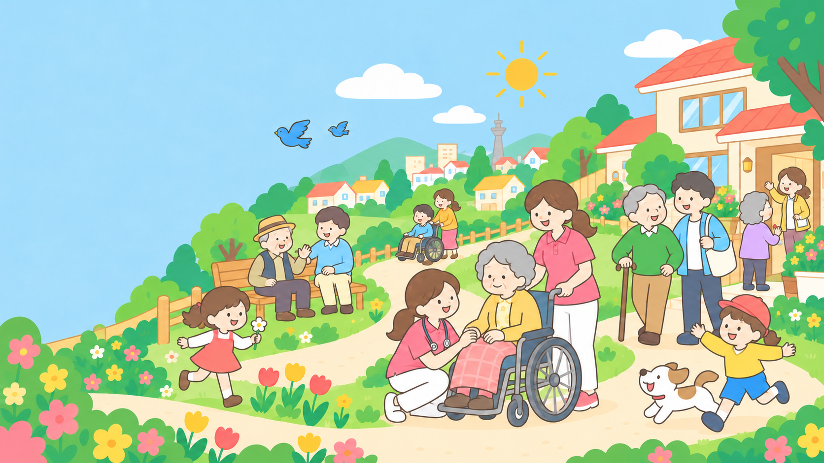 陽だまりの公園で、地域の人たちと看護・介護スタッフが温かくつながる様子