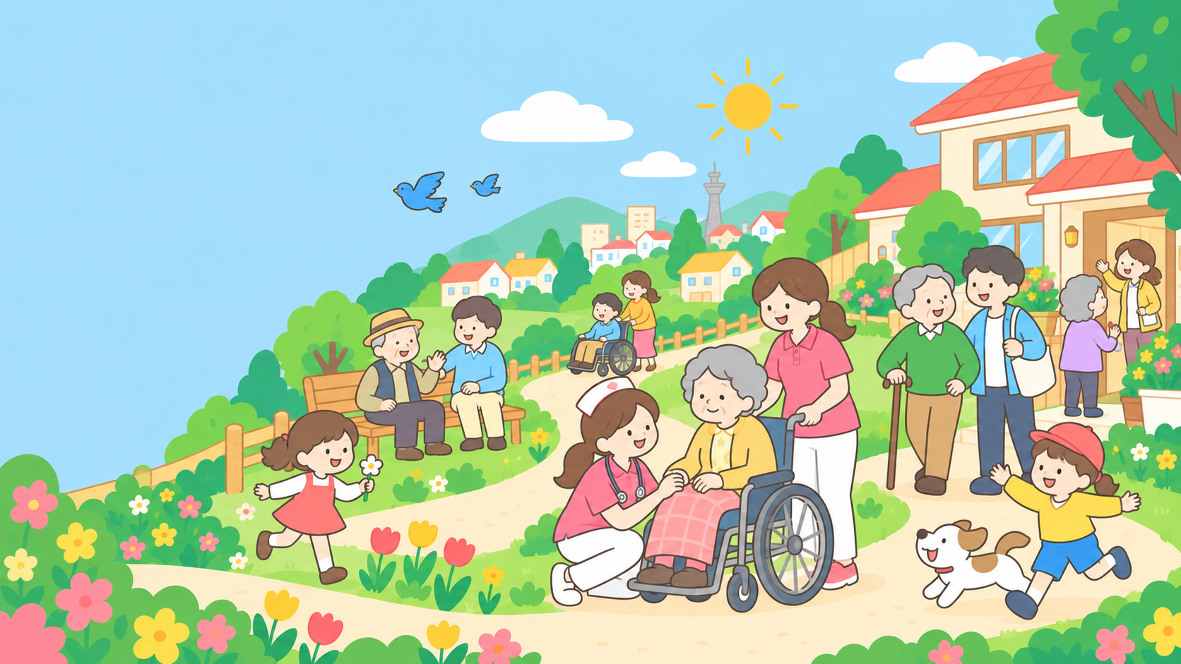 陽だまりの公園で、地域の人たちと看護・介護スタッフが温かくつながる様子