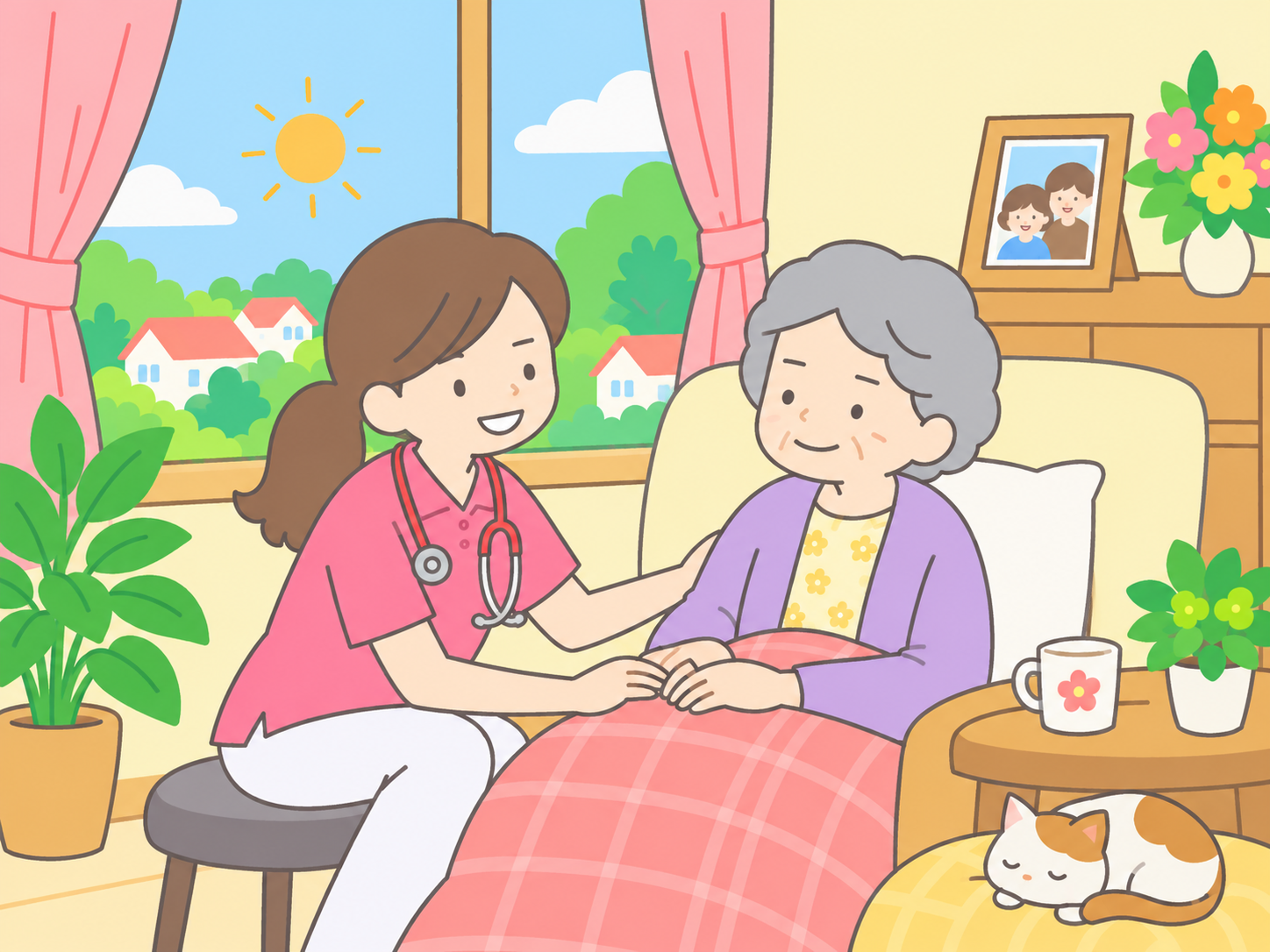 訪問看護師が自宅で利用者に寄り添いながら話をする様子