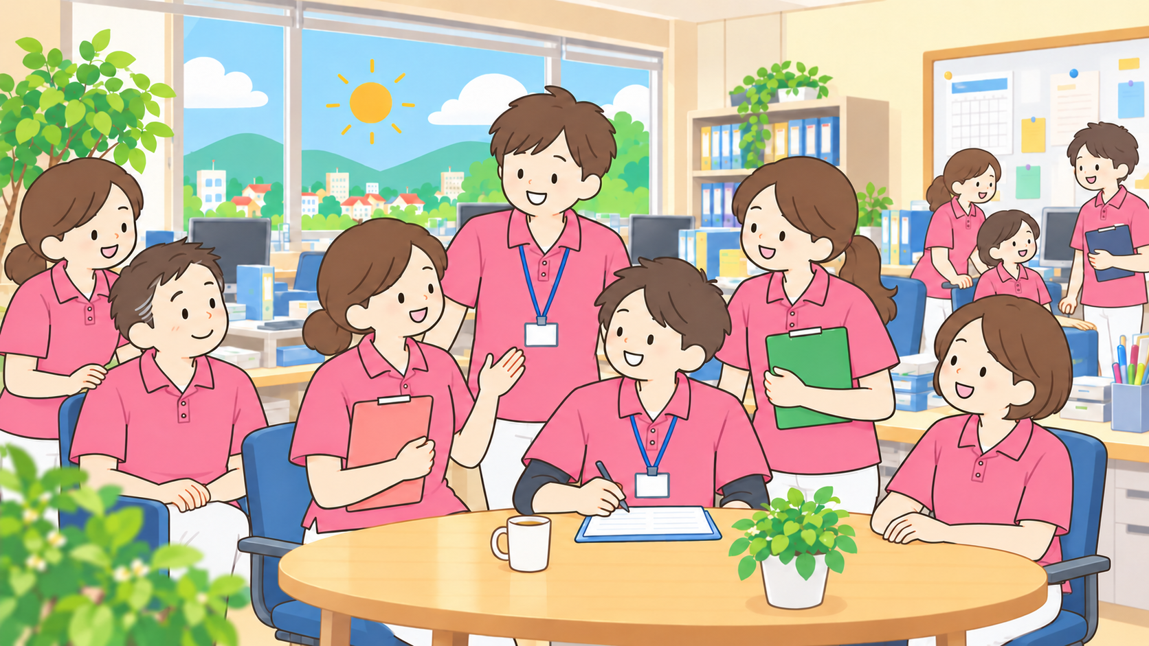 看護・介護などの多職種スタッフが利用者を囲み、連携して支える様子